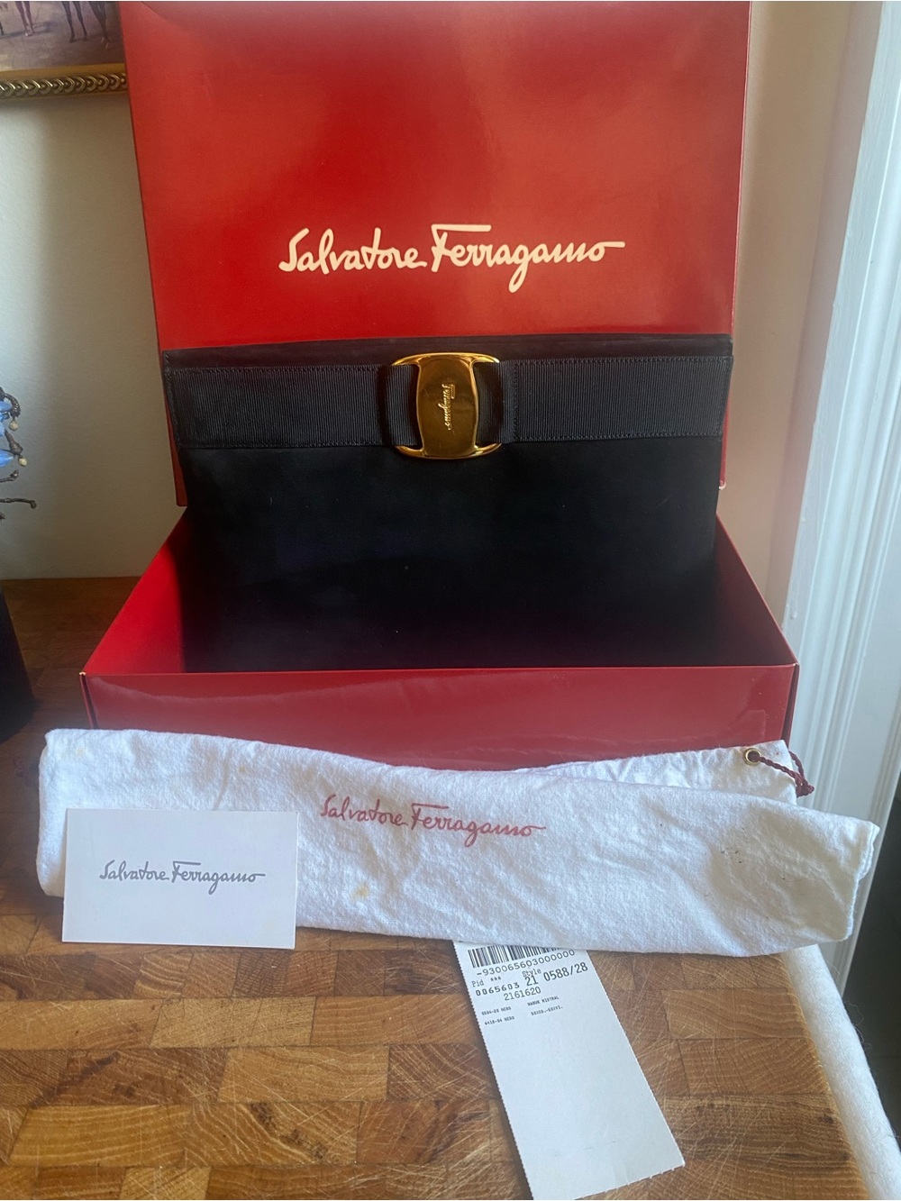 Salvatore Ferragamo Vara Bow Black Suede Shoulde Bag Clutch with Gold Hardware